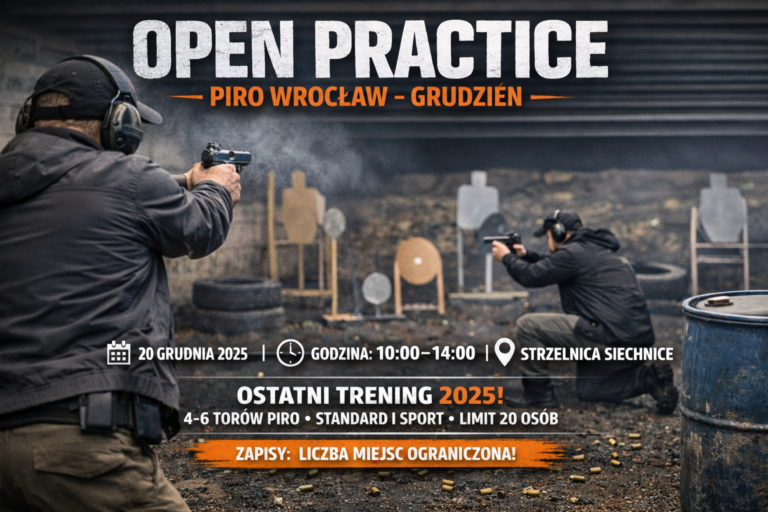 Open Practice PIRO Wrocław – trening strzelecki ze skrytym noszeniem broni na Strzelnicy Siechnice, grudzień 2025