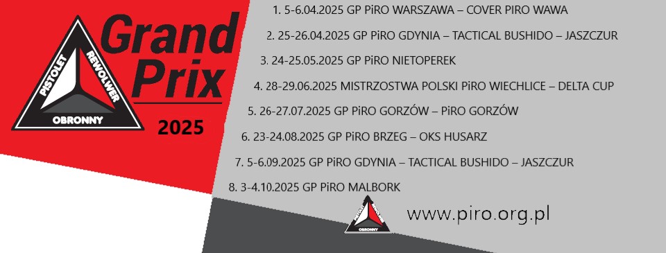 Kalendarz zawodów PIRO Grand Prix 2025 z terminami w Warszawie, Gdyni i Nietoperku.
