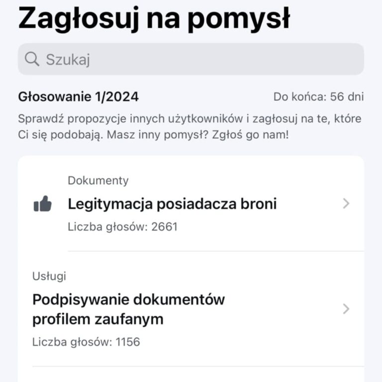 Ekran aplikacji mObywatel przedstawiający głosowanie na legitymację posiadacza broni.